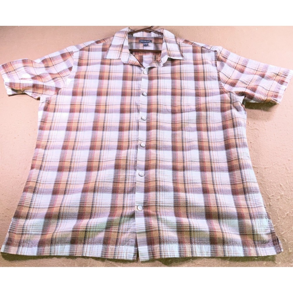 Van Heusen Mens XL Brown Orange Plaid Short Sleeve Button Up Shirt CB310-TR-VH